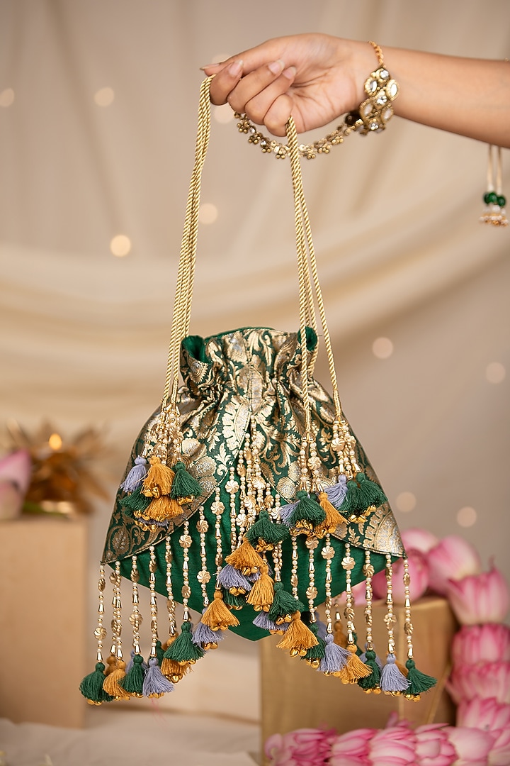Emerald Green Brocade & Silk Potli by 5 Elements at Pernia's Pop Up Shop