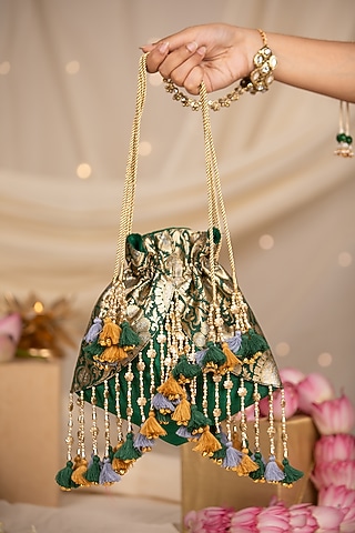 Emerald Green Brocade & Silk Potli by 5 Elements