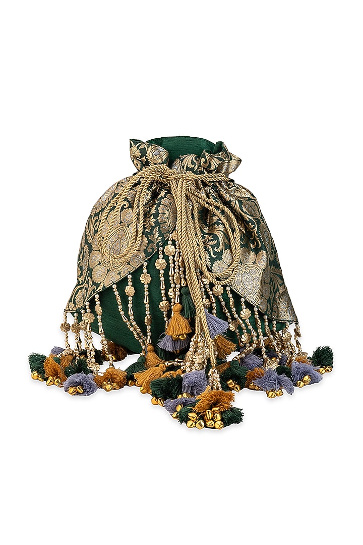 Emerald Green Brocade & Silk Potli by 5 Elements at Pernia's Pop Up Shop