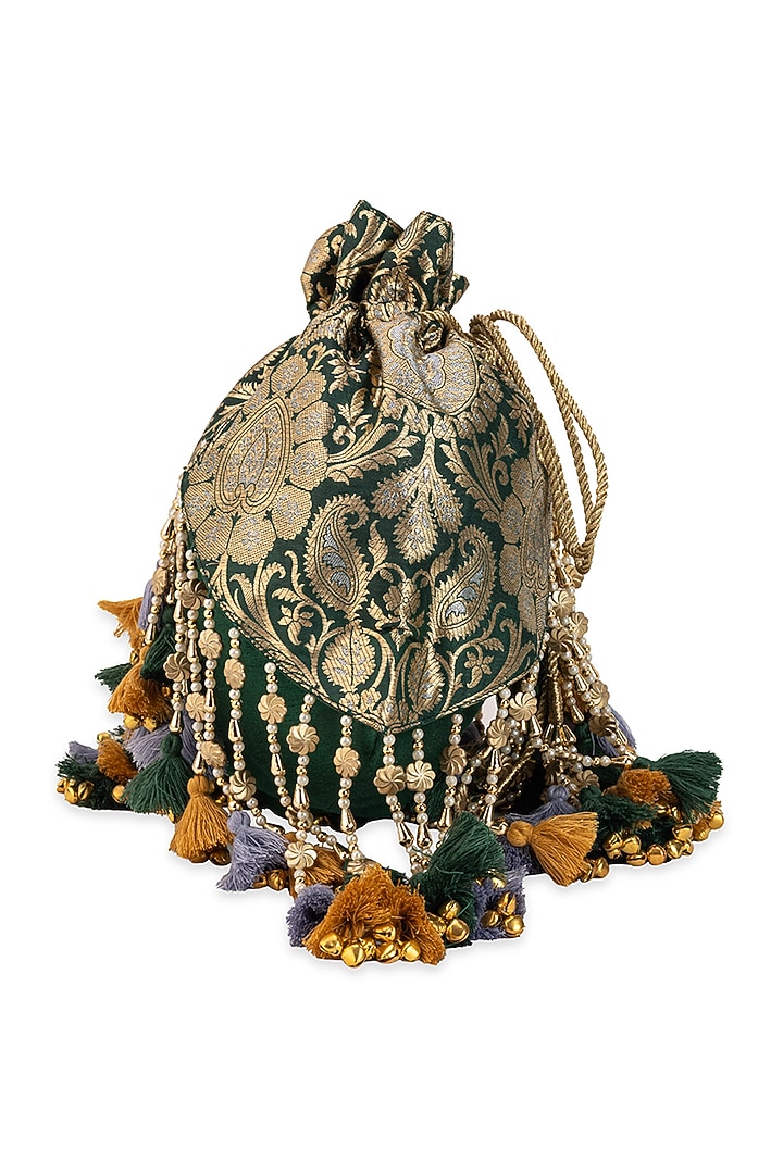 Emerald Green Brocade & Silk Potli by 5 Elements at Pernia's Pop Up Shop