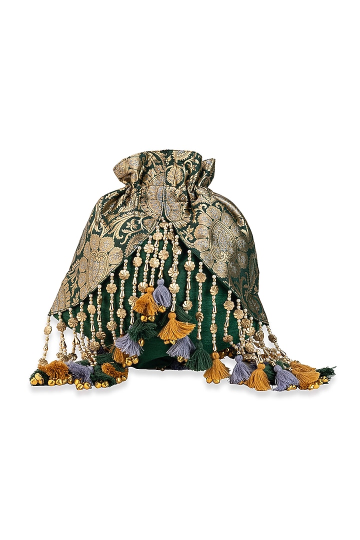 Emerald Green Brocade & Silk Potli by 5 Elements at Pernia's Pop Up Shop