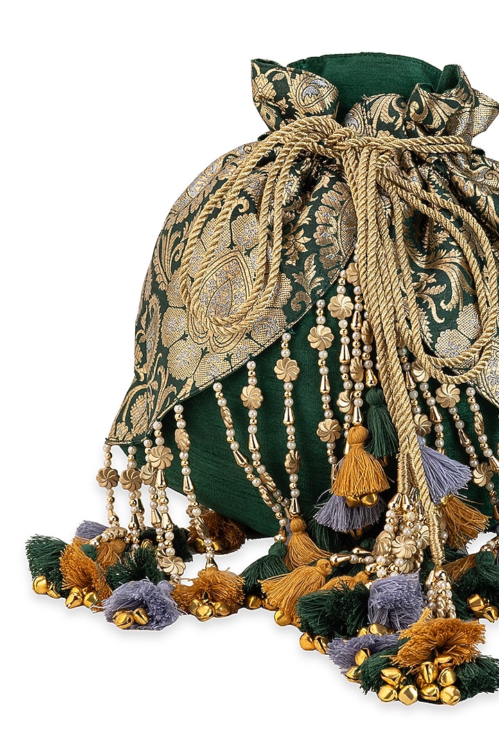 Emerald Green Brocade & Silk Potli by 5 Elements at Pernia's Pop Up Shop