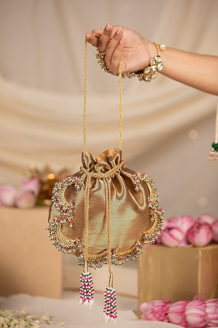 Beige Brocade & Satin Beadwork Potli by 5 Elements at Pernia's Pop Up Shop