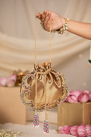 Beige Brocade & Satin Beadwork Potli by 5 Elements