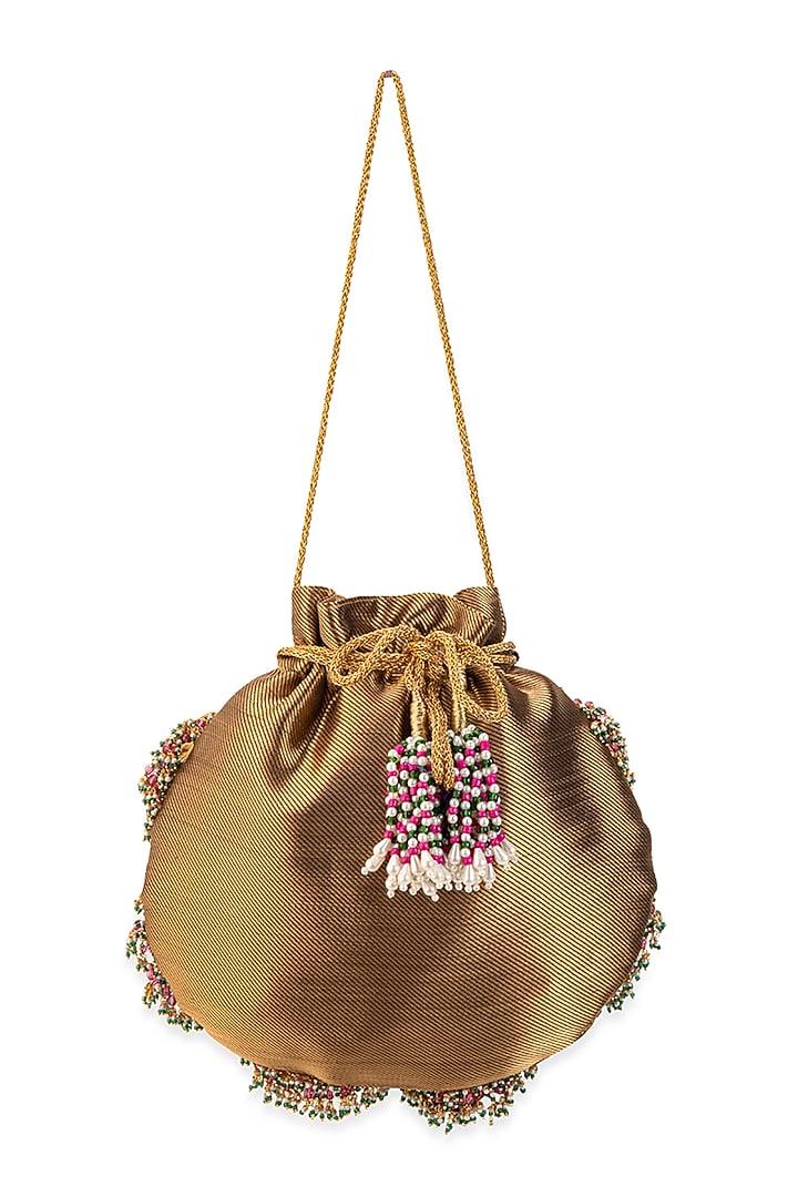 Beige Brocade & Satin Beadwork Potli by 5 Elements at Pernia's Pop Up Shop