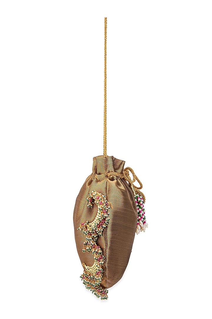 Beige Brocade & Satin Beadwork Potli by 5 Elements at Pernia's Pop Up Shop