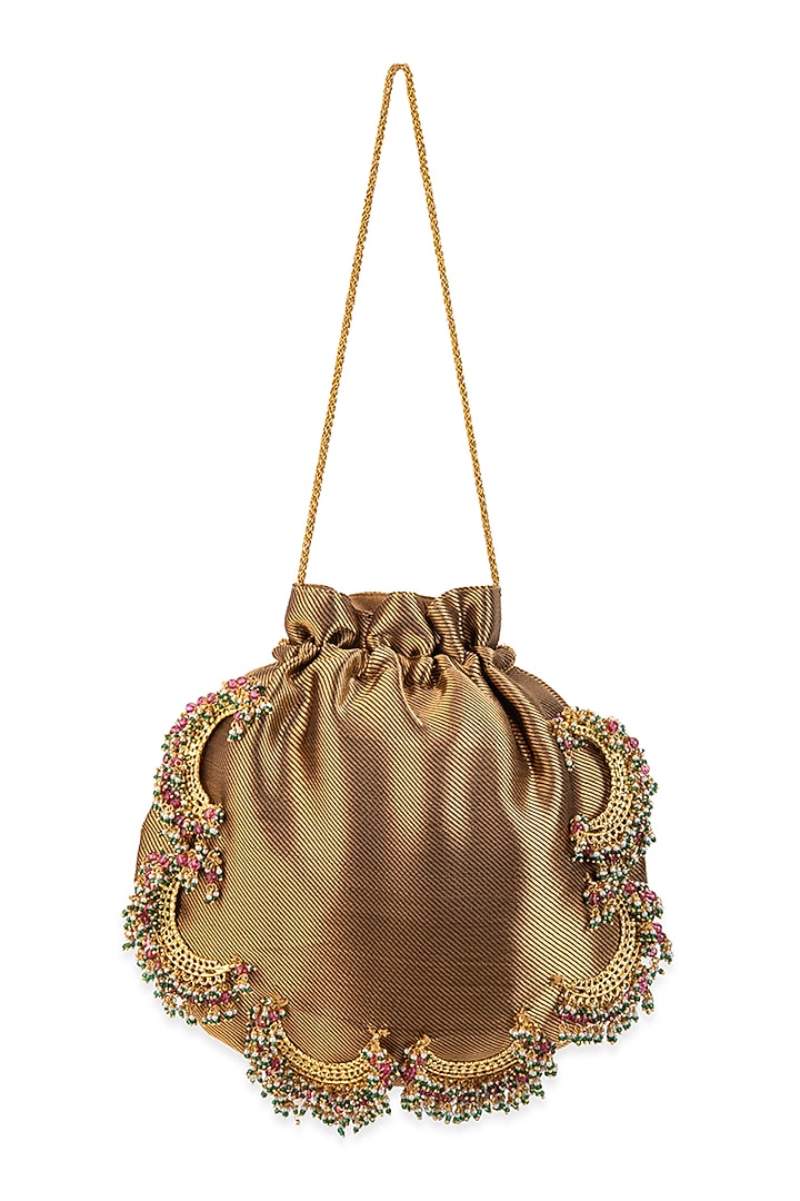 Beige Brocade & Satin Beadwork Potli by 5 Elements at Pernia's Pop Up Shop
