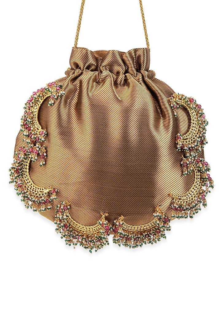 Beige Brocade & Satin Beadwork Potli by 5 Elements at Pernia's Pop Up Shop