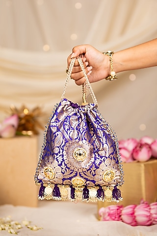 Purple Brocade & PU Mirror Embellished Potli by 5 Elements