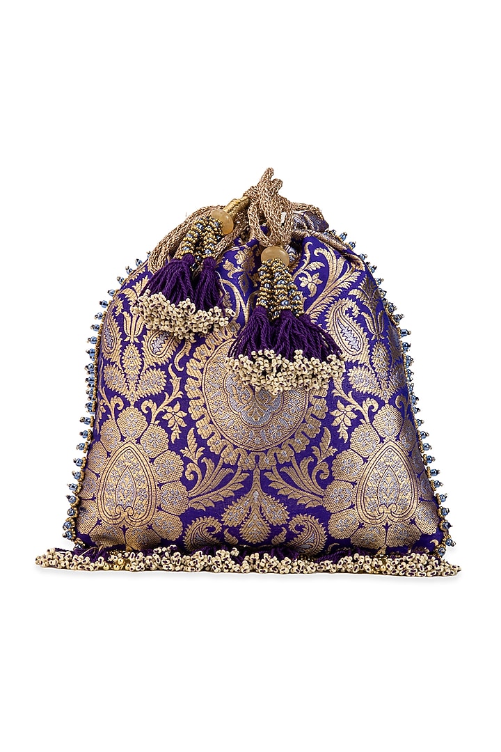 Purple Brocade & PU Mirror Embellished Potli by 5 Elements at Pernia's Pop Up Shop