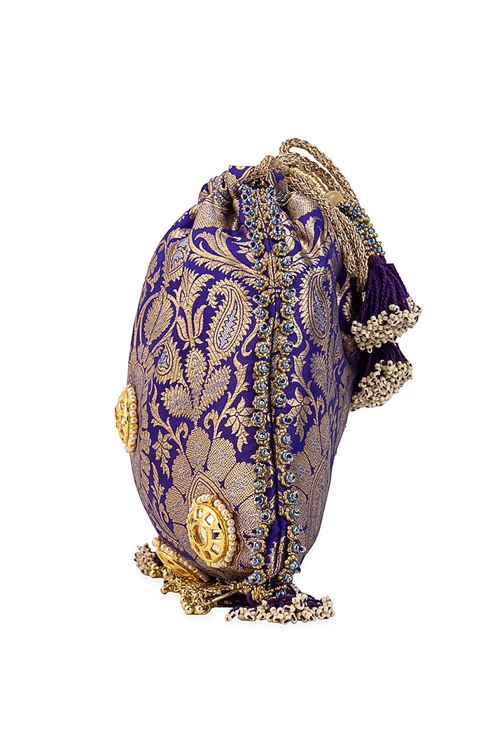 Purple Brocade & PU Mirror Embellished Potli by 5 Elements at Pernia's Pop Up Shop