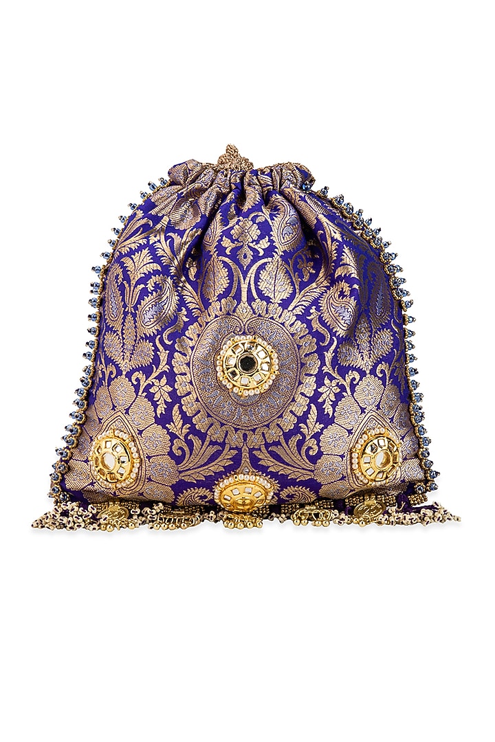 Purple Brocade & PU Mirror Embellished Potli by 5 Elements at Pernia's Pop Up Shop