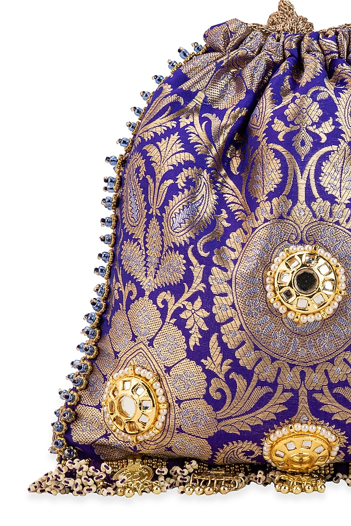 Purple Brocade & PU Mirror Embellished Potli by 5 Elements at Pernia's Pop Up Shop