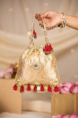 Gold Brocade & PU Mirror Embellished Potli by 5 Elements