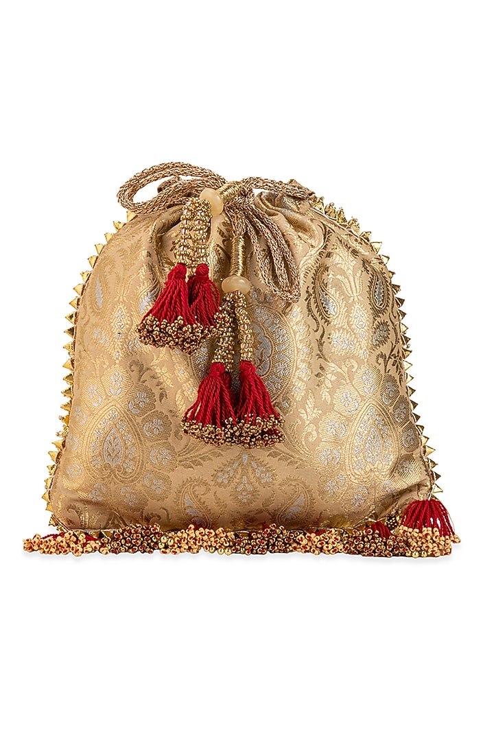 Gold Brocade & PU Mirror Embellished Potli by 5 Elements at Pernia's Pop Up Shop