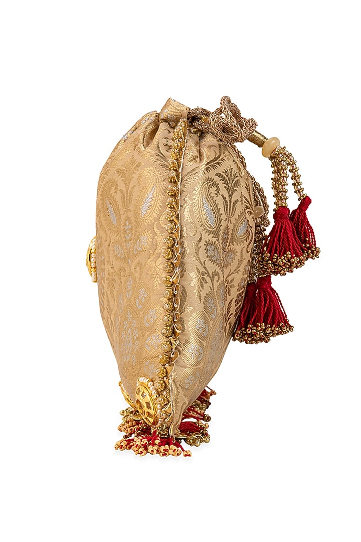 Gold Brocade & PU Mirror Embellished Potli by 5 Elements at Pernia's Pop Up Shop