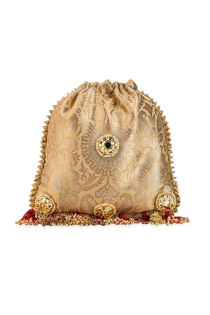 Gold Brocade & PU Mirror Embellished Potli by 5 Elements at Pernia's Pop Up Shop