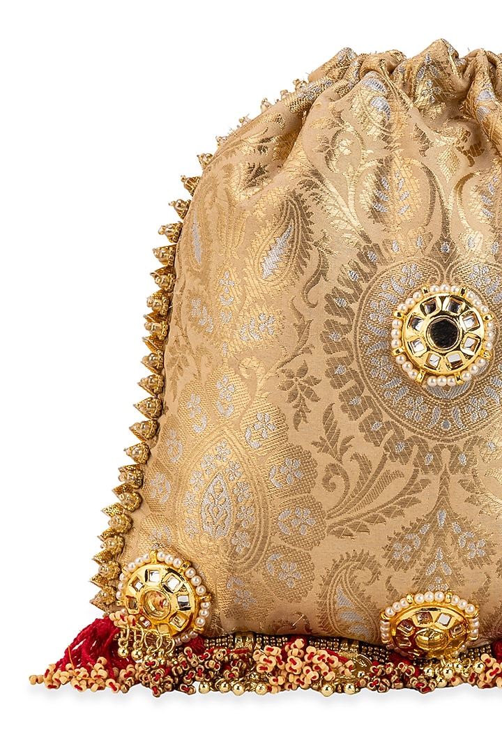 Gold Brocade & PU Mirror Embellished Potli by 5 Elements at Pernia's Pop Up Shop