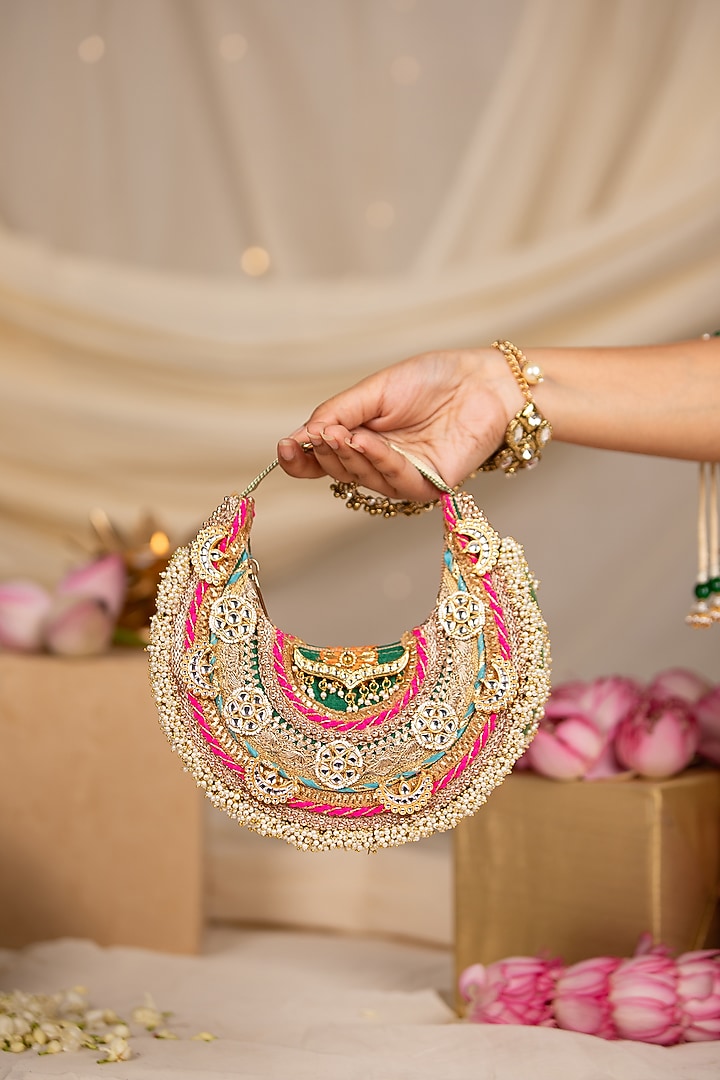 Gold Brocade Thread Work Handbag by 5 Elements at Pernia's Pop Up Shop