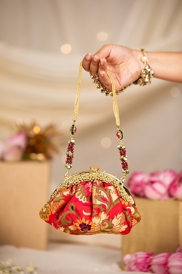 Red Silk Brocade & PU Potli by 5 Elements at Pernia's Pop Up Shop