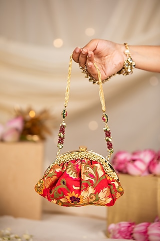 Red Silk Brocade & PU Potli by 5 Elements