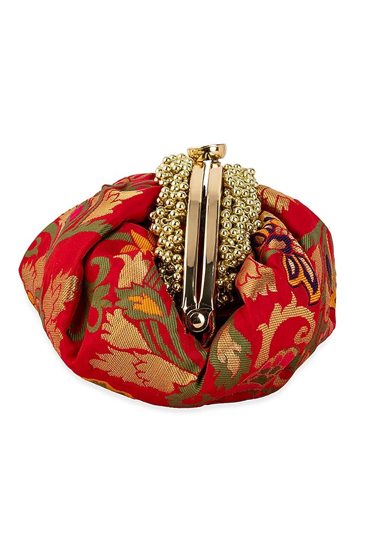 Red Silk Brocade & PU Potli by 5 Elements at Pernia's Pop Up Shop