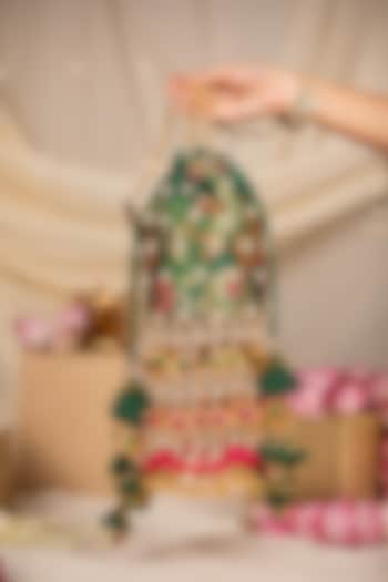 Green Brocade & PU Pearl Embellished Potli by 5 Elements at Pernia's Pop Up Shop