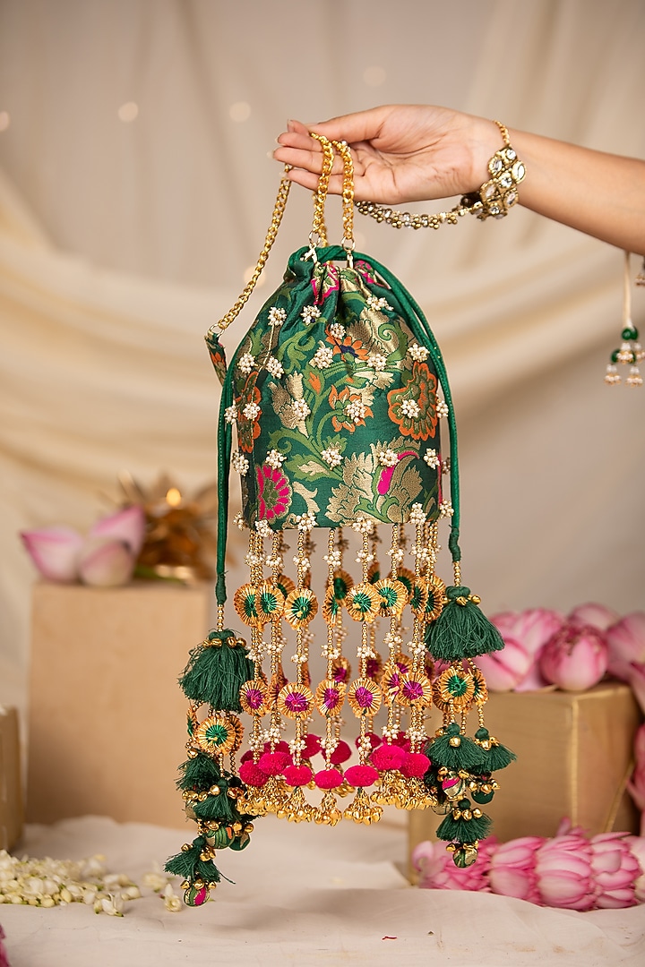 Green Brocade & PU Pearl Embellished Potli by 5 Elements at Pernia's Pop Up Shop