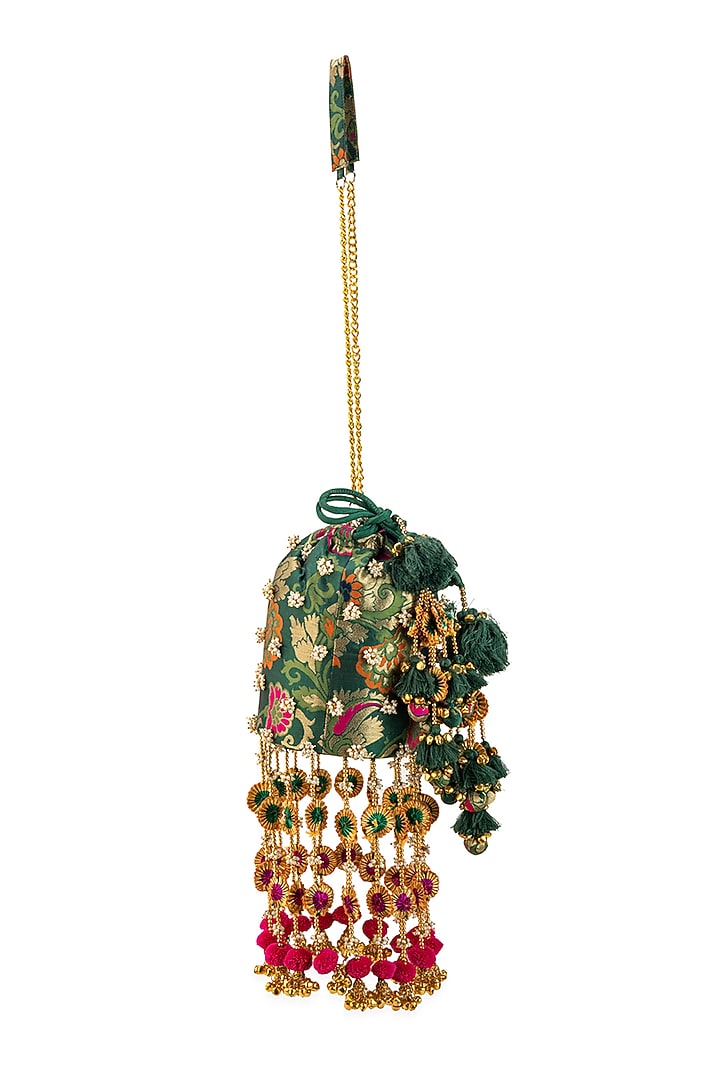 Green Brocade & PU Pearl Embellished Potli by 5 Elements at Pernia's Pop Up Shop