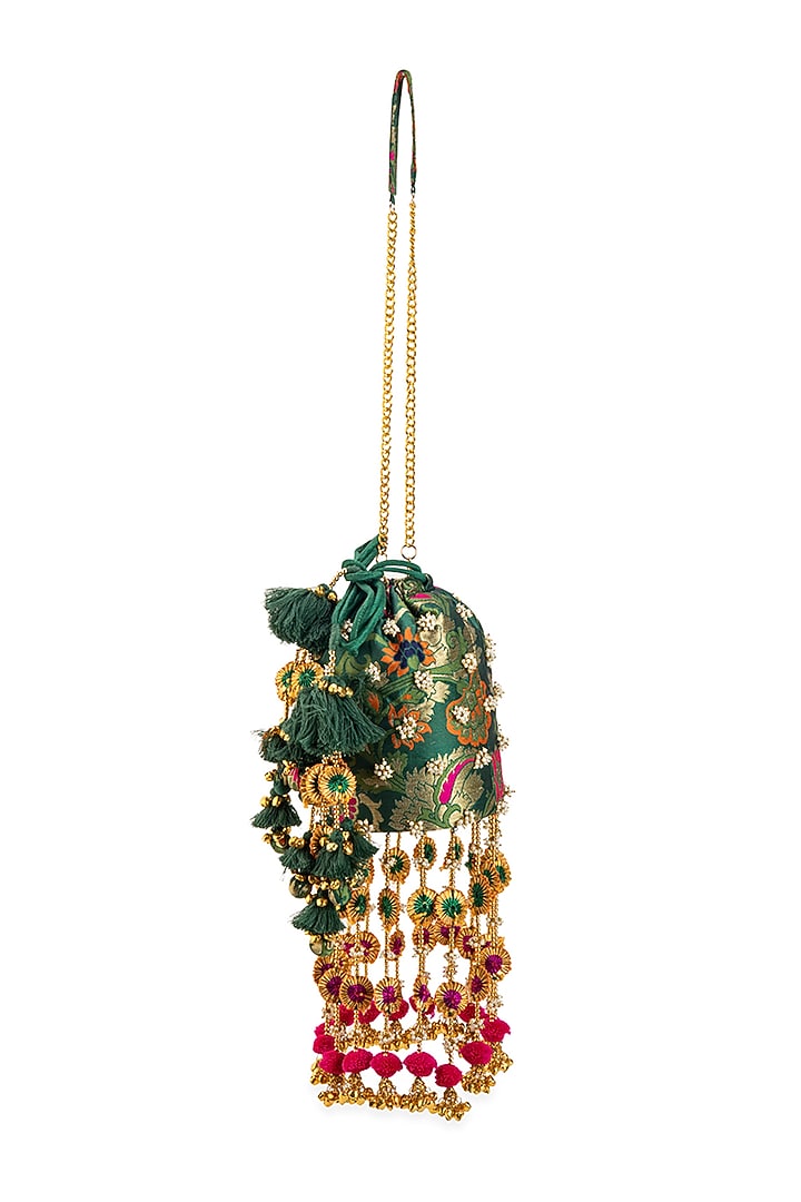 Green Brocade & PU Pearl Embellished Potli by 5 Elements at Pernia's Pop Up Shop