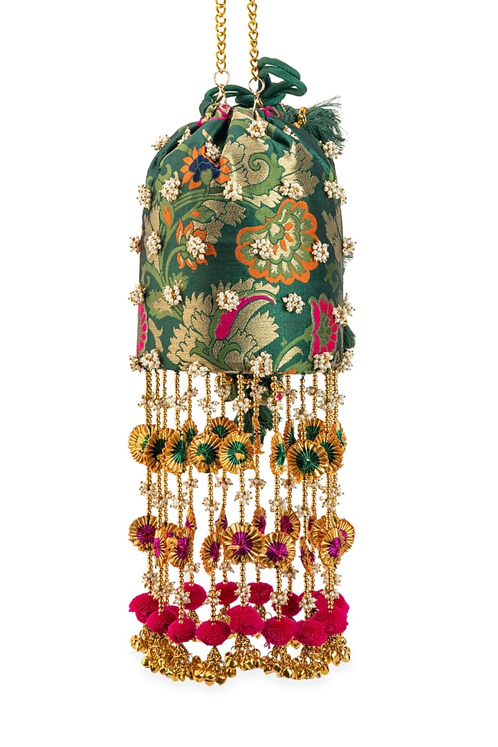 Green Brocade & PU Pearl Embellished Potli by 5 Elements at Pernia's Pop Up Shop