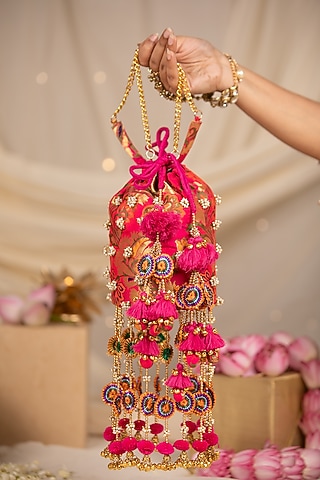 Pink Brocade & PU Thread Embellished Potli by 5 Elements