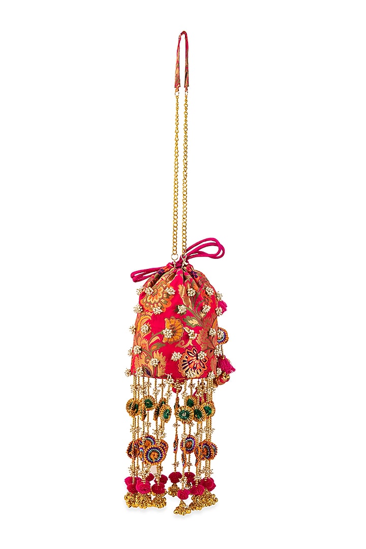 Pink Brocade & PU Thread Embellished Potli by 5 Elements at Pernia's Pop Up Shop