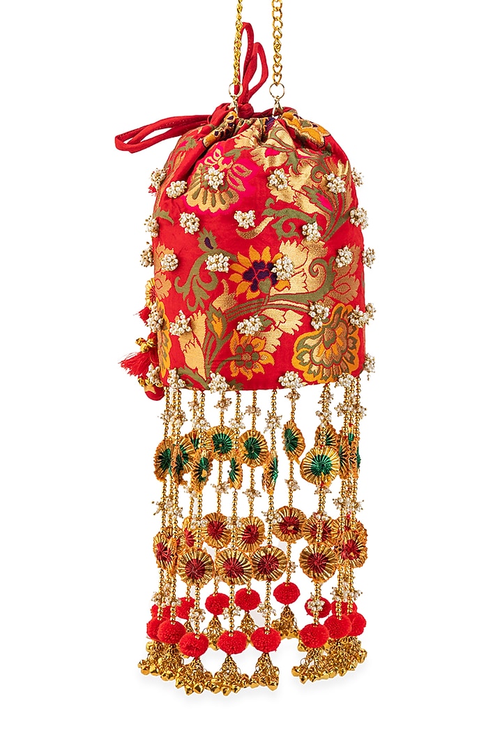 Pink Brocade & PU Thread Embellished Potli by 5 Elements at Pernia's Pop Up Shop