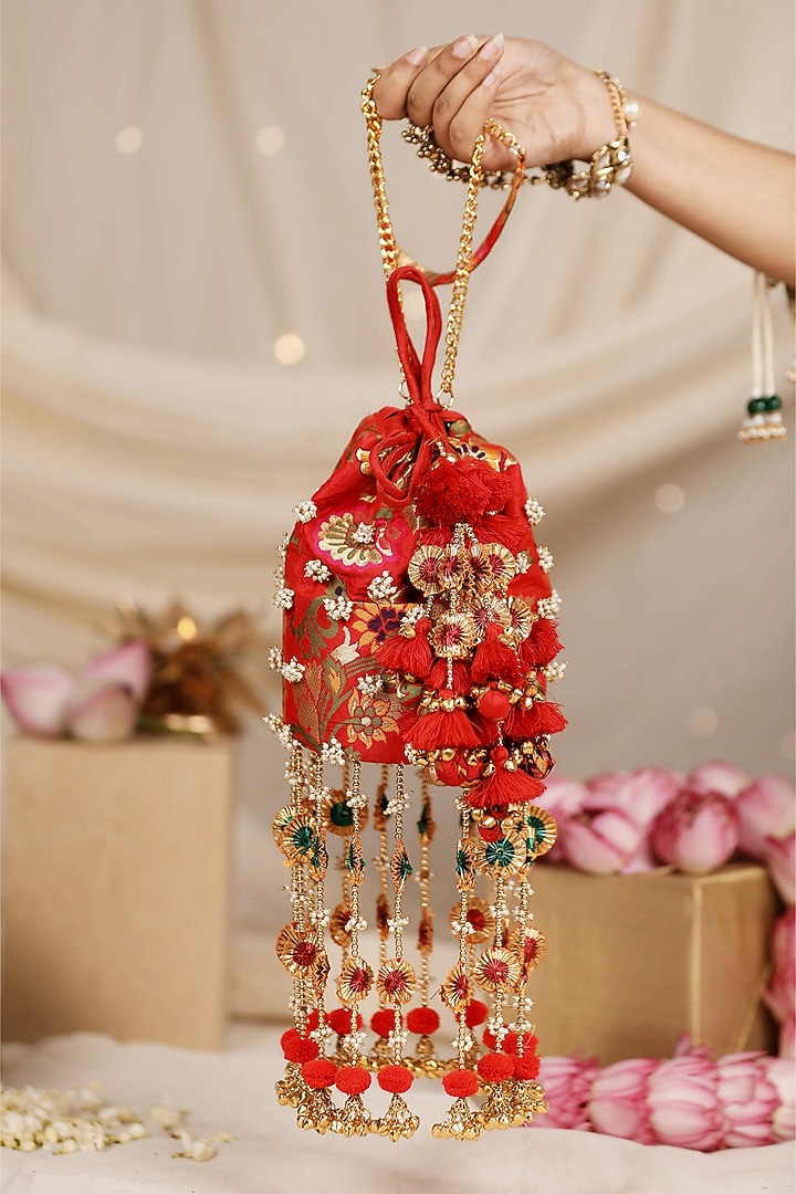 Red Brocade & PU Thread Embellished Potli by 5 Elements at Pernia's Pop Up Shop