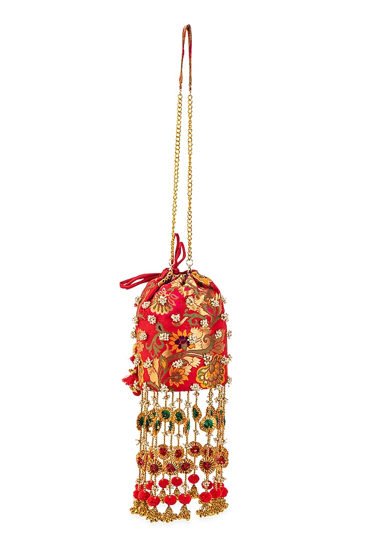 Red Brocade & PU Thread Embellished Potli by 5 Elements at Pernia's Pop Up Shop