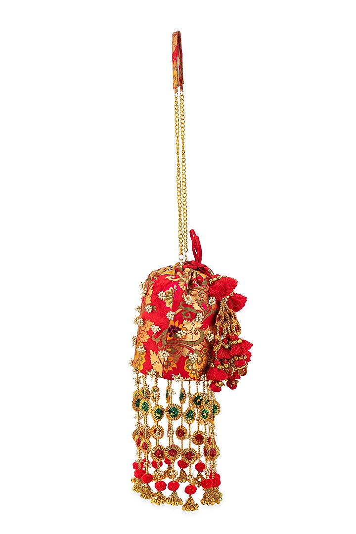 Red Brocade & PU Thread Embellished Potli by 5 Elements at Pernia's Pop Up Shop