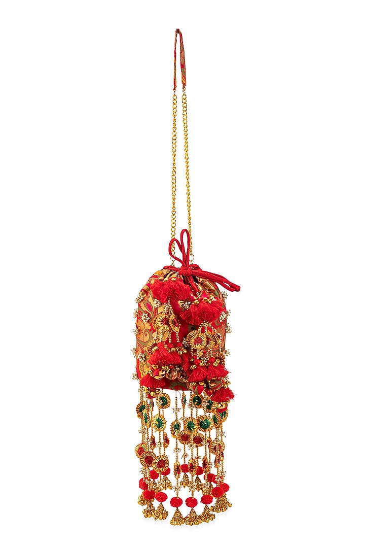 Red Brocade & PU Thread Embellished Potli by 5 Elements at Pernia's Pop Up Shop
