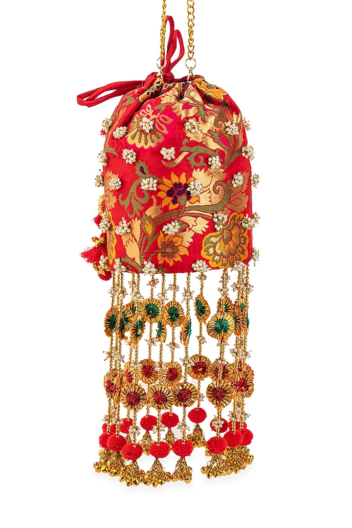 Red Brocade & PU Thread Embellished Potli by 5 Elements at Pernia's Pop Up Shop