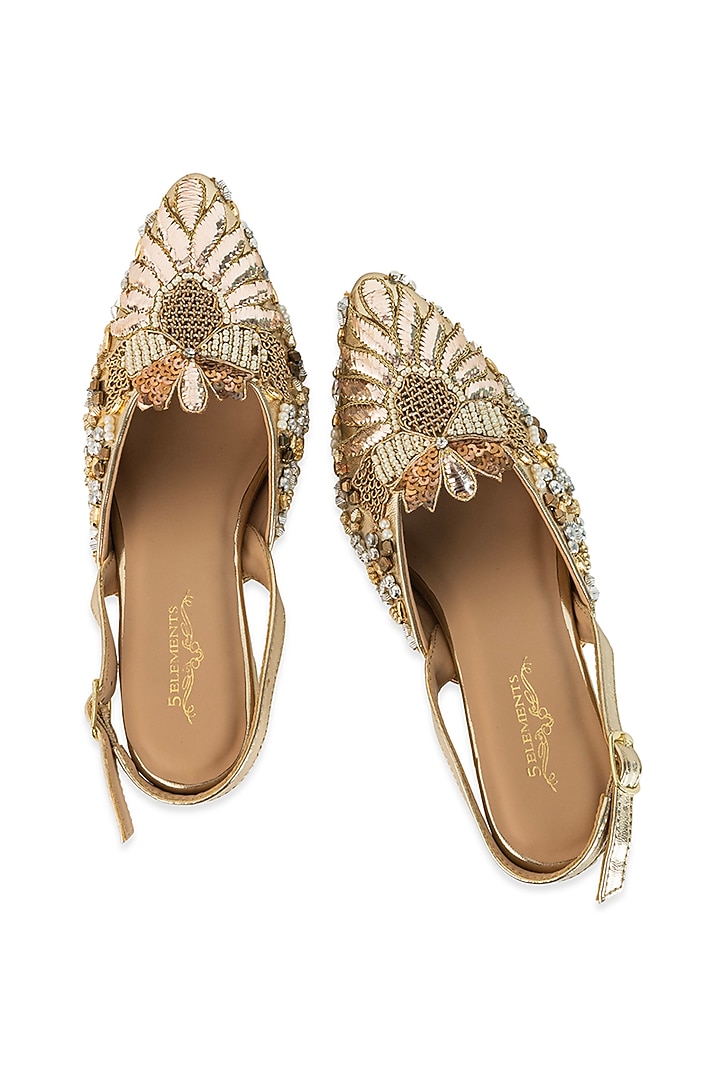 Gold Leatherette Pearl & Sequin Hand Embroidered Heels by 5 Elements at Pernia's Pop Up Shop