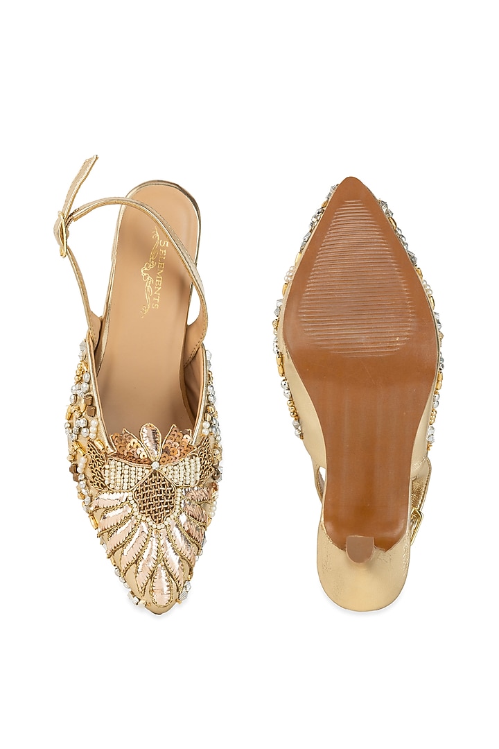 Gold Leatherette Pearl & Sequin Hand Embroidered Heels by 5 Elements at Pernia's Pop Up Shop