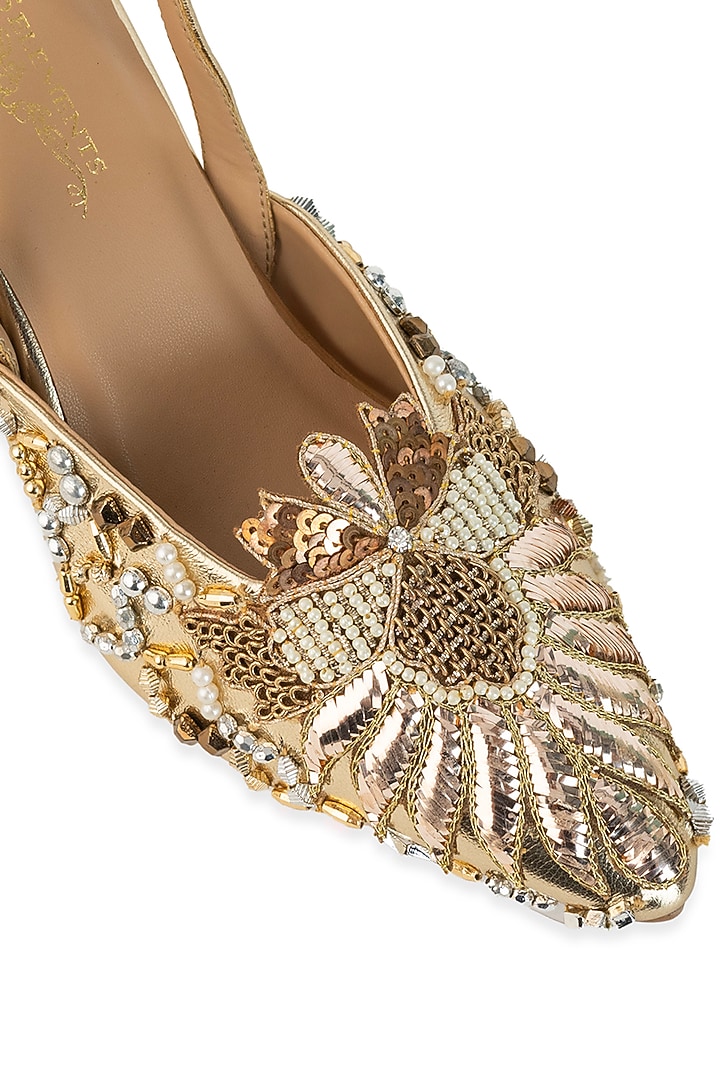 Gold Leatherette Pearl & Sequin Hand Embroidered Heels by 5 Elements at Pernia's Pop Up Shop