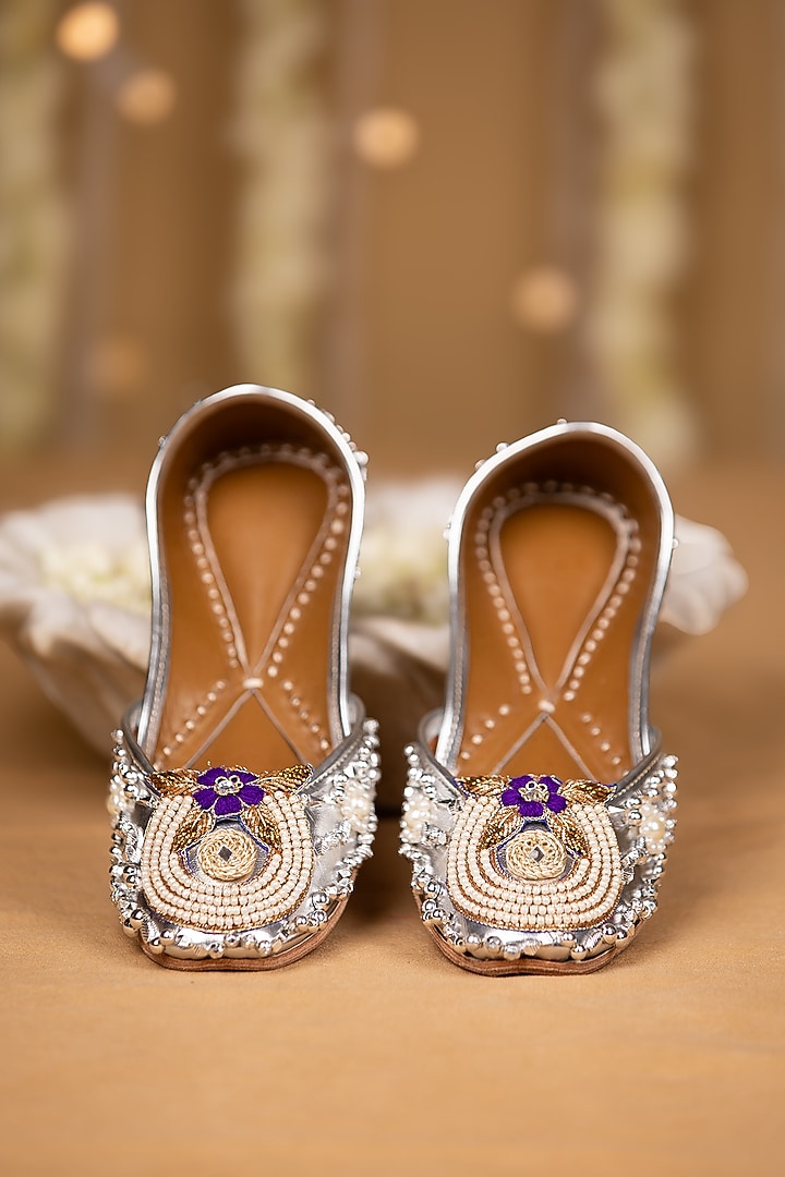 Silver Leatherette Pearl Embroidered Juttis by 5 Elements at Pernia's Pop Up Shop