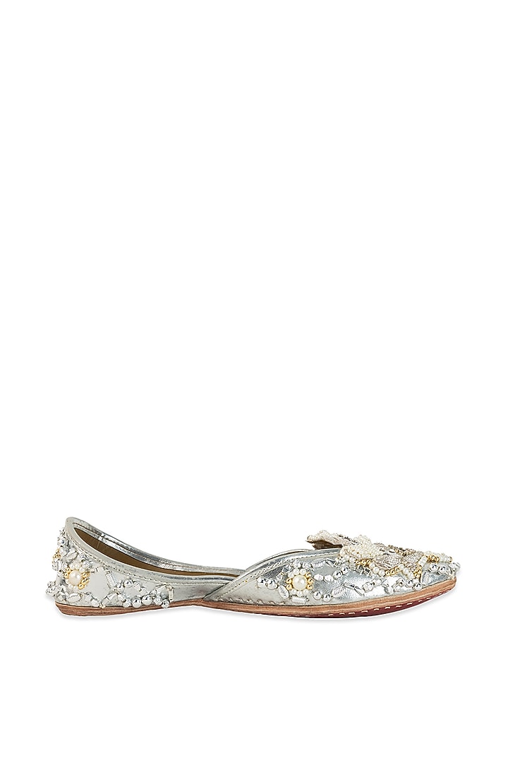 Silver Leatherette Pearl Embroidered Juttis by 5 Elements at Pernia's Pop Up Shop