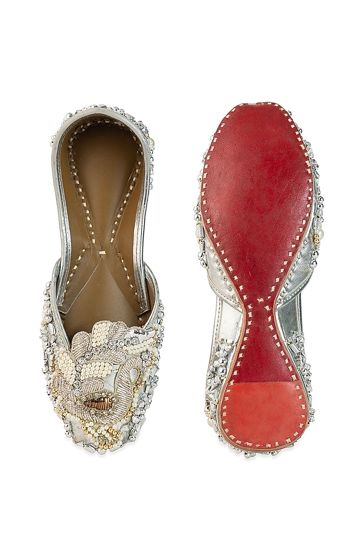 Silver Leatherette Pearl Embroidered Juttis by 5 Elements at Pernia's Pop Up Shop