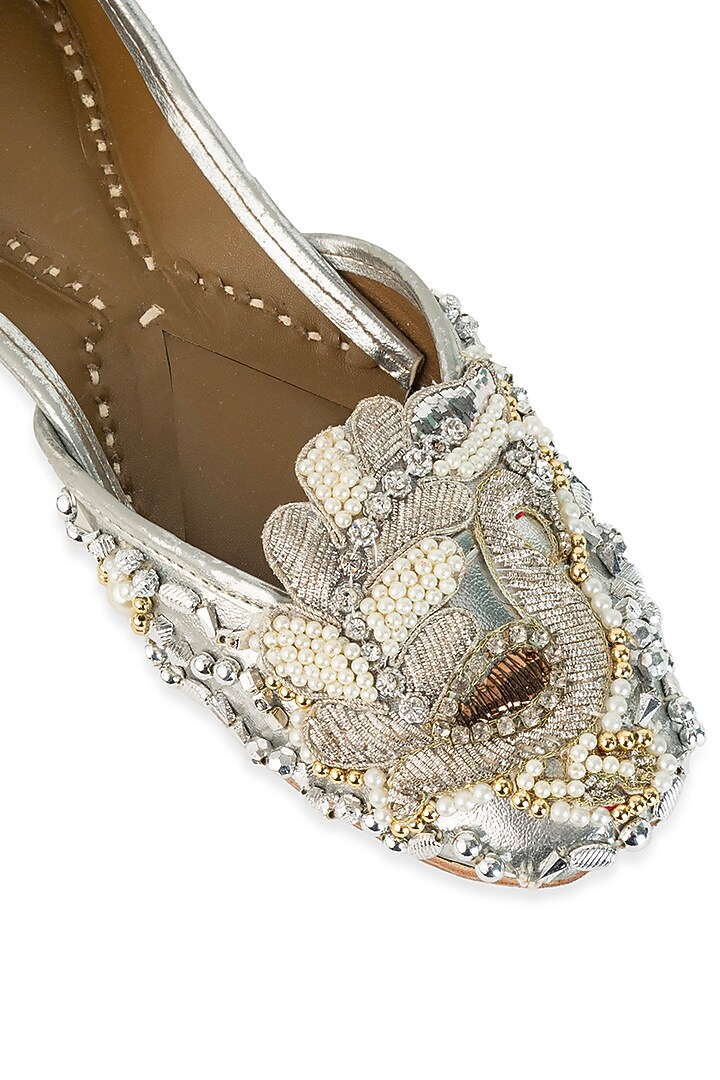 Silver Leatherette Pearl Embroidered Juttis by 5 Elements at Pernia's Pop Up Shop