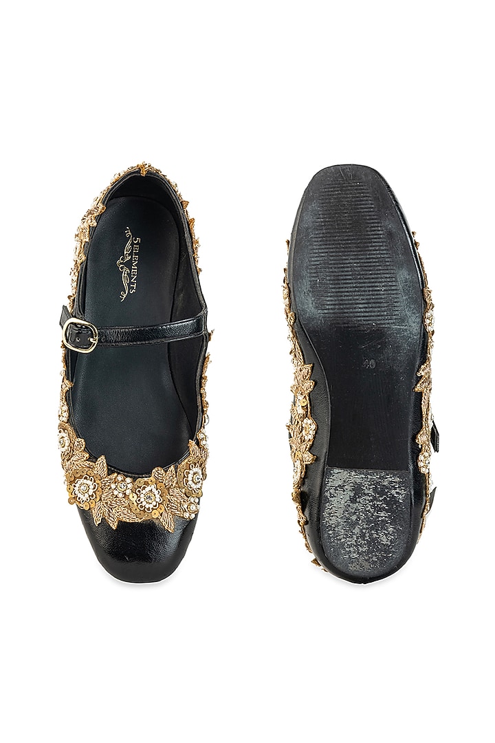 Black Leatherette Sequin & Floral Embroidered Juttis by 5 Elements at Pernia's Pop Up Shop