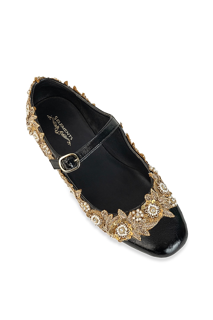 Black Leatherette Sequin & Floral Embroidered Juttis by 5 Elements at Pernia's Pop Up Shop