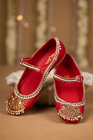Red Modal Satin Bead Embroidered Juttis by 5 Elements