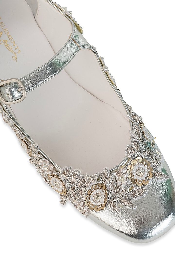 Silver Modal Satin Pearl Hand Embroidered Juttis by 5 Elements at Pernia's Pop Up Shop